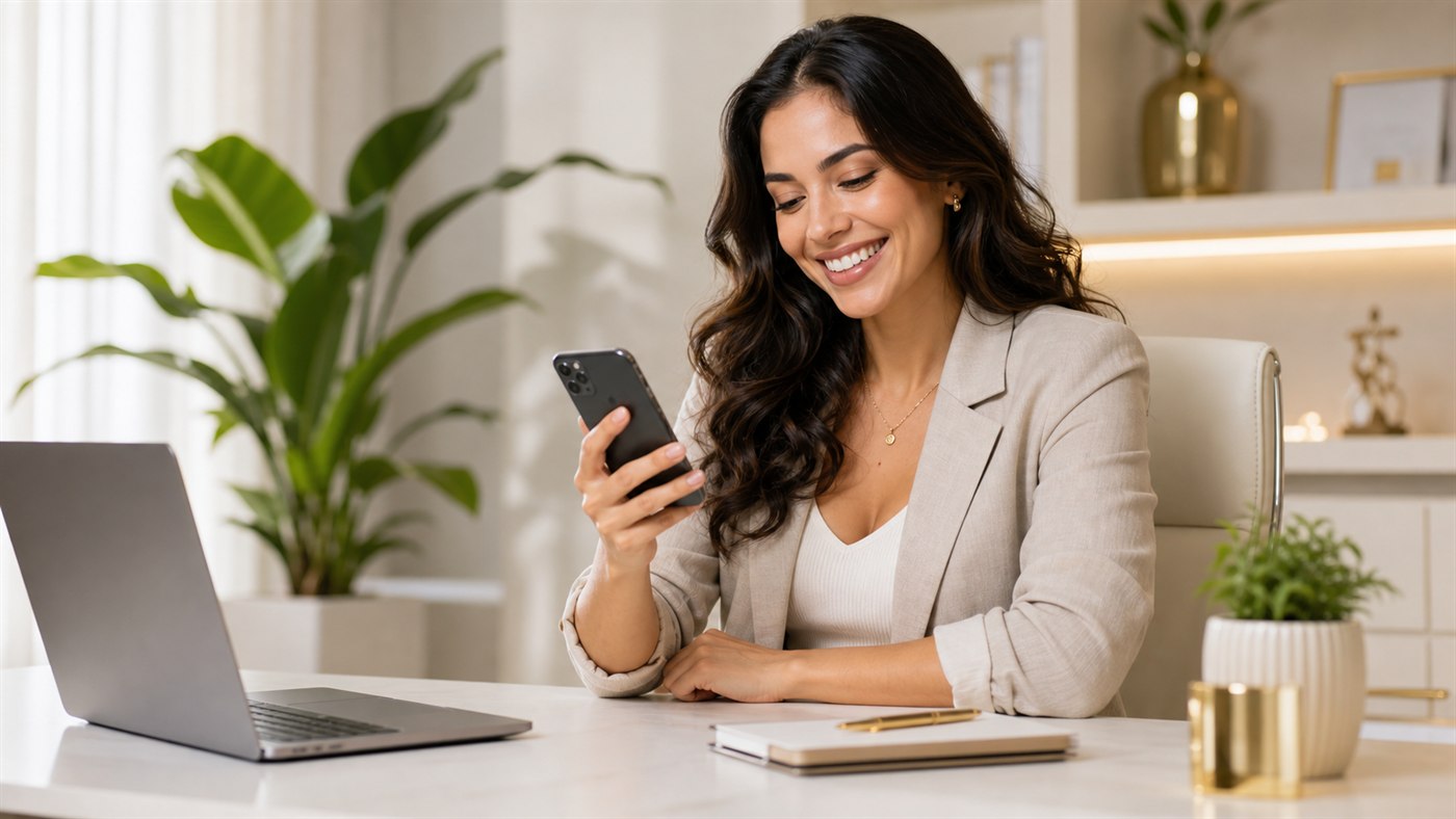 Pessoa feliz usando celular para entrar em contato pelo WhatsApp