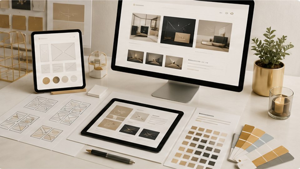 Exemplo de etapa de design com telas, paleta de cores e wireframes